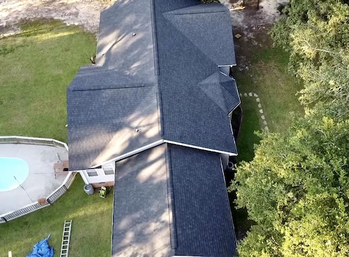 overhead shot of home with asphalt shingle roof in hampstead nc
